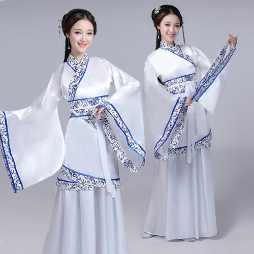 Chinese folk dance costumes hanfu for women female white and blue competition china traditional ancient yangko fairy drama cosplay dresses